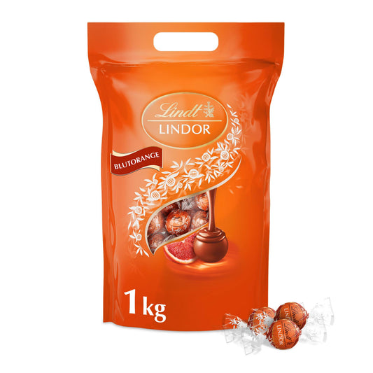 Lindt LINDOR Schokoladen Kugeln Blutorange | 1 kg Beutel, wiederverschließbar | ca. 80 Schokolade mit zartschmelzender Füllung | Großpackung, Pralinen-Geschenk