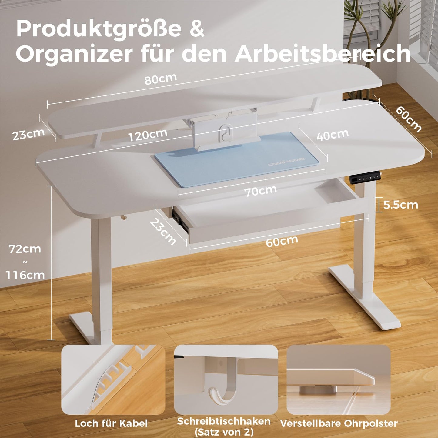 COMHOMA Höhenverstellbarer Schreibtisch Elektrischer, 120x60cm, mit Schubladen, Monitorständer, Tablet-Ständer, mit 3 höhen Memory-Steuerung, Weiß