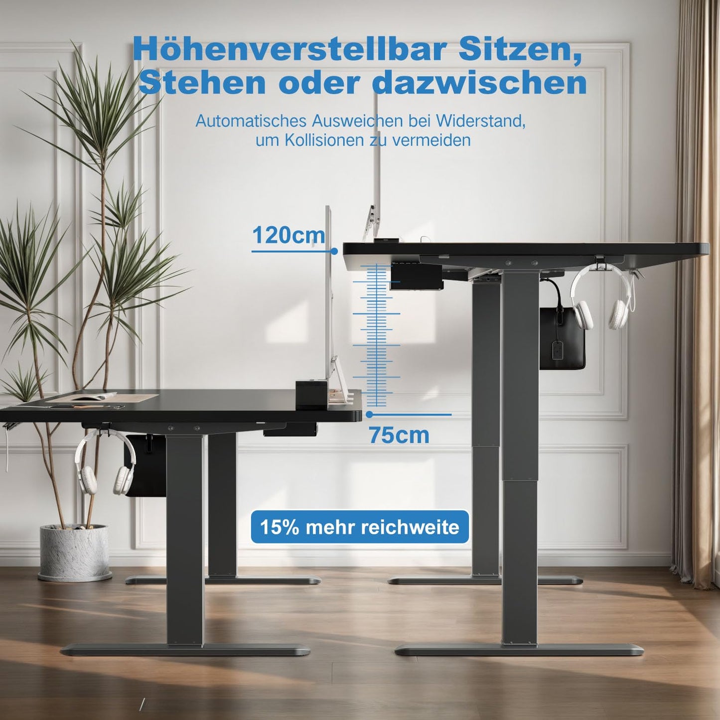 Devoko Höhenverstellbarer Schreibtisch mit 2 Motoren，25mm Einteilige Tischplatte, 160x80 cm Mobiler Elektrisch Computertisch mit Kabel Management, Schwarz - Perfekte Ergonomie für Dein Büro