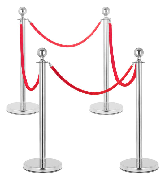 Stagecaptain PLS-150 Deluxe 4.4-150S Absperrständer Personenleitsystem - 4 Edelstahl-Stative und 4 rote Seile mit 1,5m Länge - Für Konzerte, Ausstellungen, Hotels, Kinos u.v.m. - silber