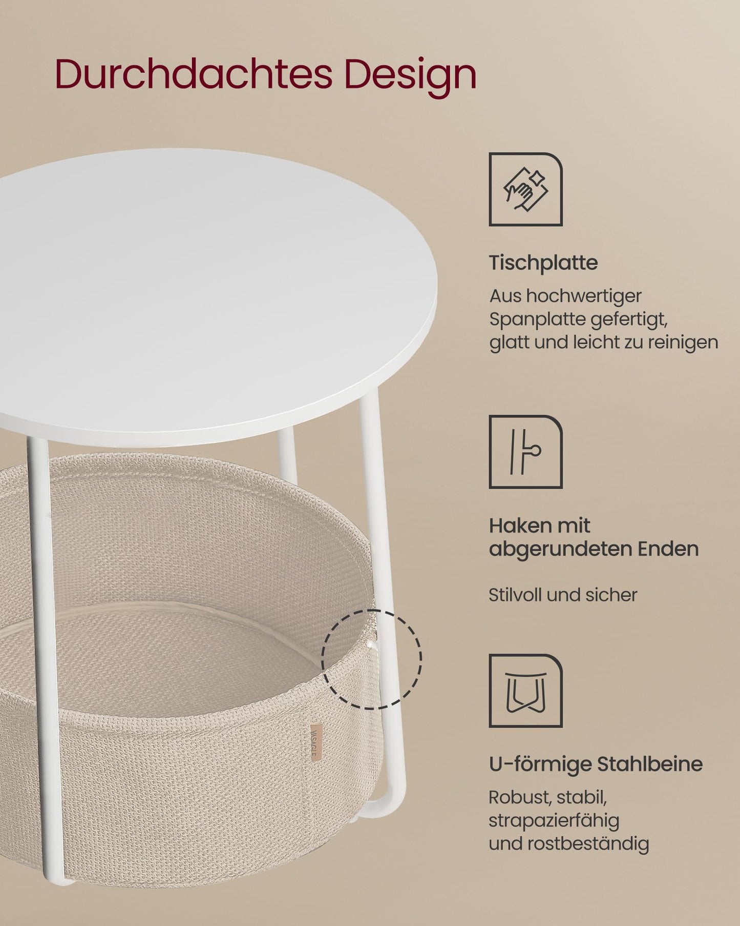 VASAGLE Beistelltisch rund, Kleiner Tisch, Couchtisch klein, Wohnzimmertisch, Korb aus Stoff, Stauraum für Wohnzimmer Schlafzimmer, Nachttisch modern, mattweiß-Kamelbraun LET223W10