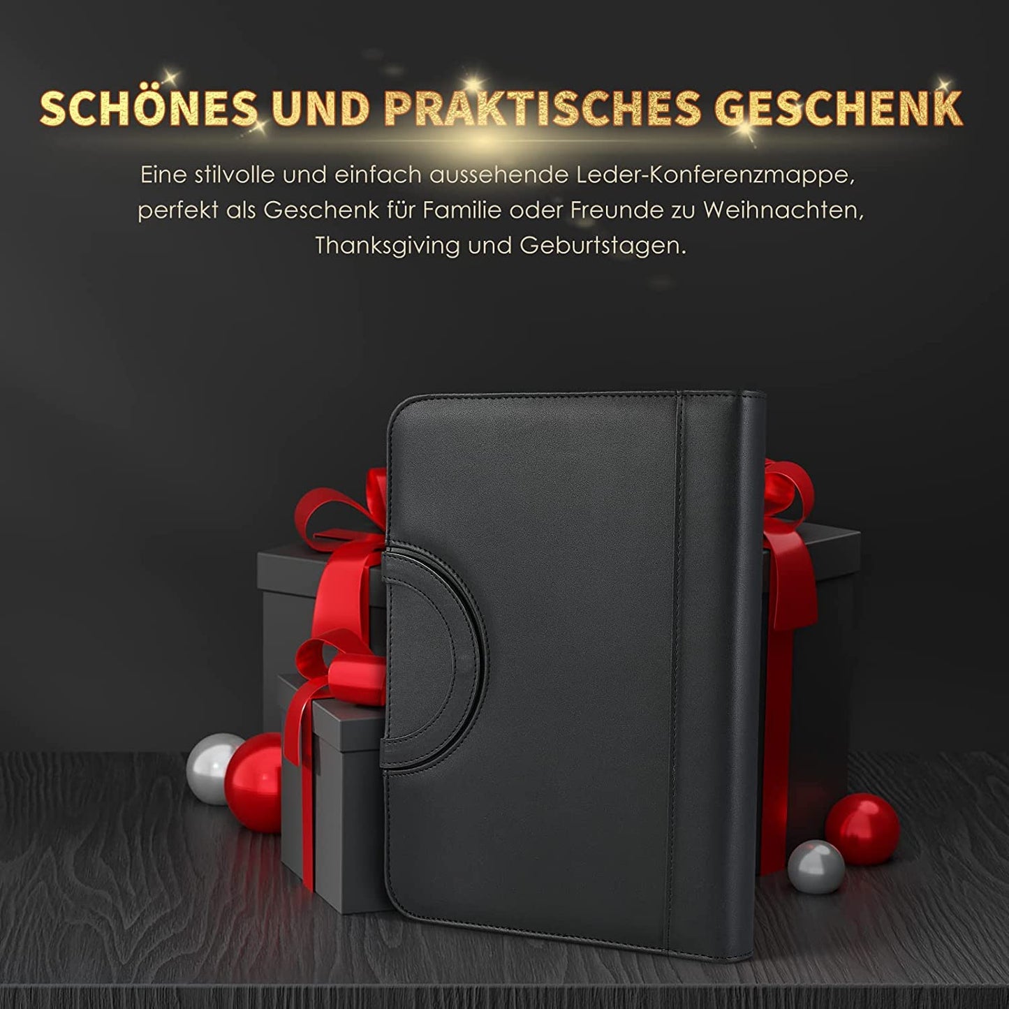 Schreibmappe A4, Konferenzmappe Leder, Dokumentenmappe mit Reißverschluss, Wasserdicht Aktenmappe mit Ringbuch Klemmbrett Notizblock, Portfolio Padfolio Mappe für Business Meeting, Schwarz