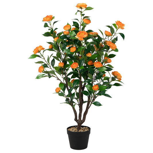COSTWAY 100 cm Kunstbaum mit Blüten, Künstlicher Kamelienbaum, Kunstpflanze im Topf, Kamelienpflanze mit 37 Blüten und natürlicher Stamm, Kunstblume für Zuhause Büro, Zimmerpflanze Dekopflanze