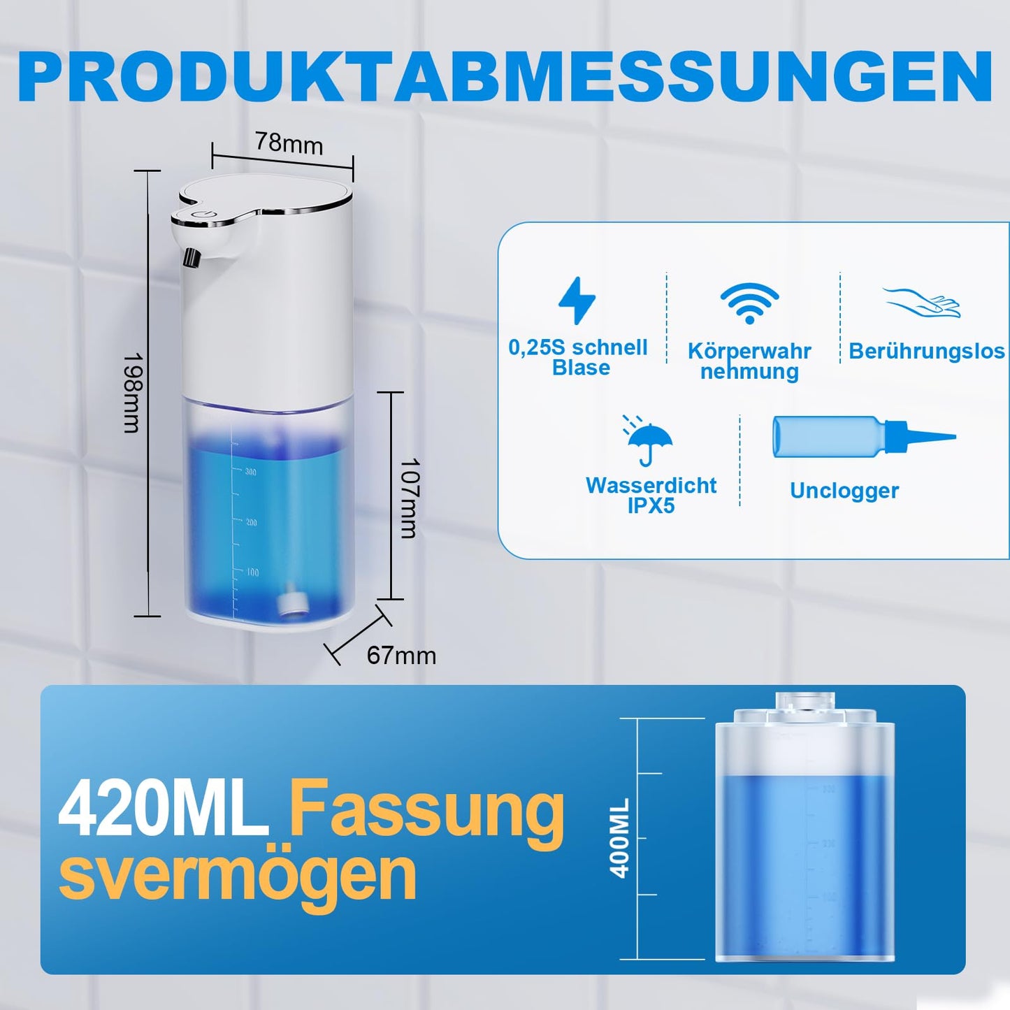 Fantictas Desinfektionsspender Automatisch, 400ml desinfektionsspender Sensor Wandbefestigung ohne Bohren mit USB Wiederaufladbar,IPX5 Wasserdicht für Bad Toilette Küche und Büro