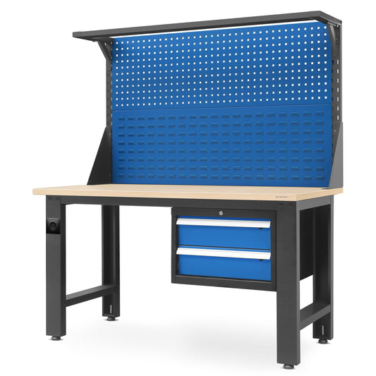 Jan Nowak Werkbank mit Werkzeuglochwand Werktisch mit 2 Schubladenc Steckdose Metall MDF Tischplatte Belastbar bis 600 kg Pulverbeschichtung 170 cm x 150 cm x 75 cm (Anthrazit-Blau)