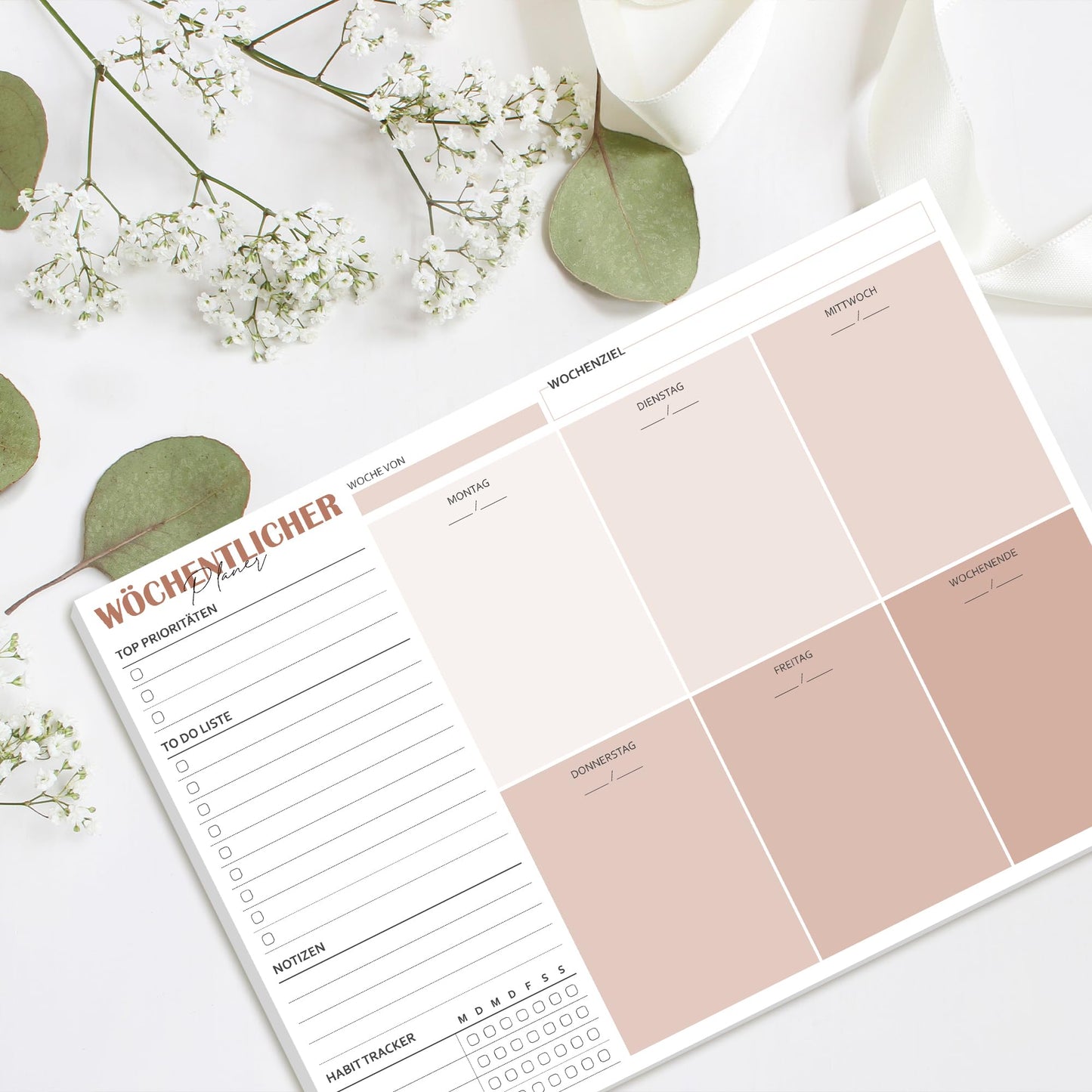 BIROYAL Wochenplaner Block A4 ohne festes Datum (50 Seiten), Schreibtischunterlage mit ToDo Liste, Wochenkalender Wochen Planer mit Wochenübersicht&Habit-Tracker für Termine, Aufgaben& Notizen (Braun)