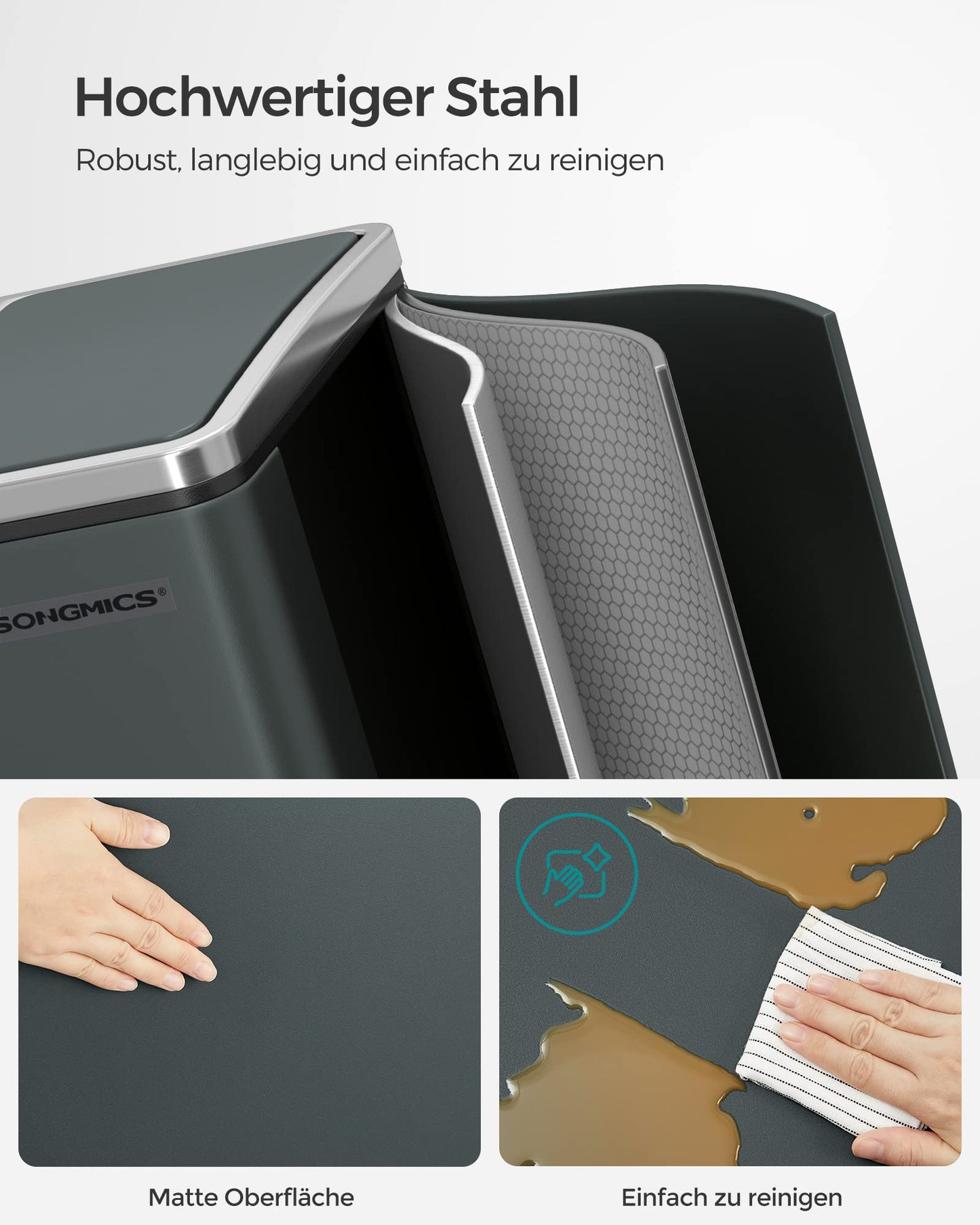 SONGMICS Mülleimer Küche, 2 x 15 Liter, Mülltrennsystem 2 Fächer, inklusive 15 Müllbeutel, Abfalleimer, Treteimer, recycelbare Abfälle, Biomüll, Softclose-Deckel, grüngrau LTB30GS