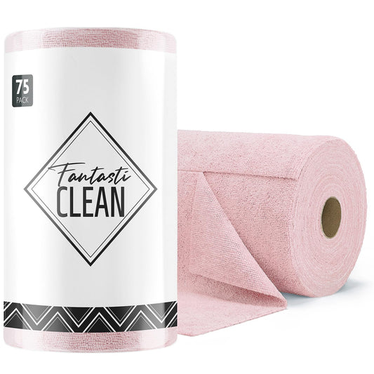 Fantasticlean Mikrofaser Reinigungstücher, 75 Stück pro Rolle Abreißbare Putztücher, Wiederverwendbare Fusselfreie Lappen für Auto, Küche und Haus 30x30cm-Rosa