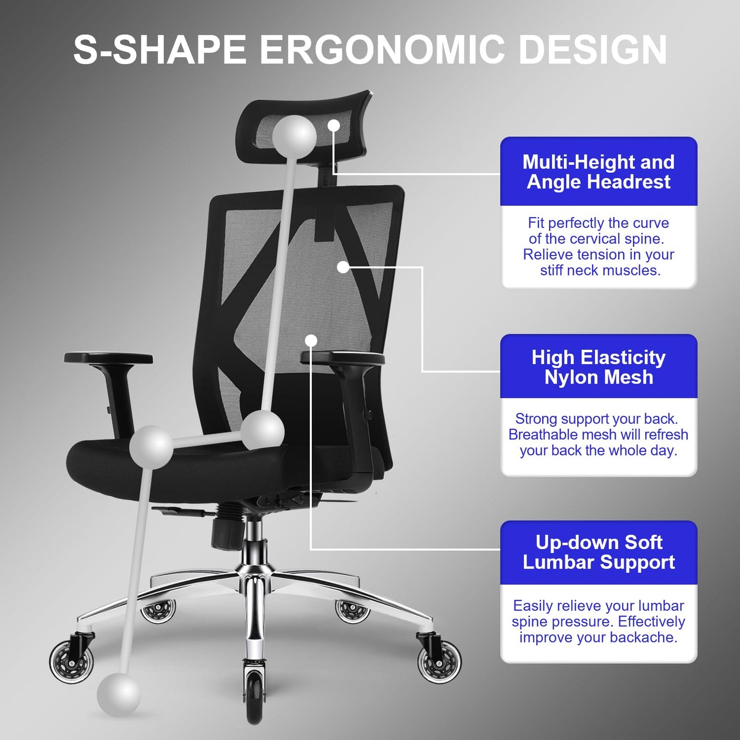 Daccormax Bürostuhl, Ergonomisch, bequem Chefsessel aus Netzstoff, VerstellbarerLordosenstütze,Kopfstütze,Armlehnen,Wippfunktion,Schreibtischstuhl Computerstuhl Home Office Chair bis 200kg