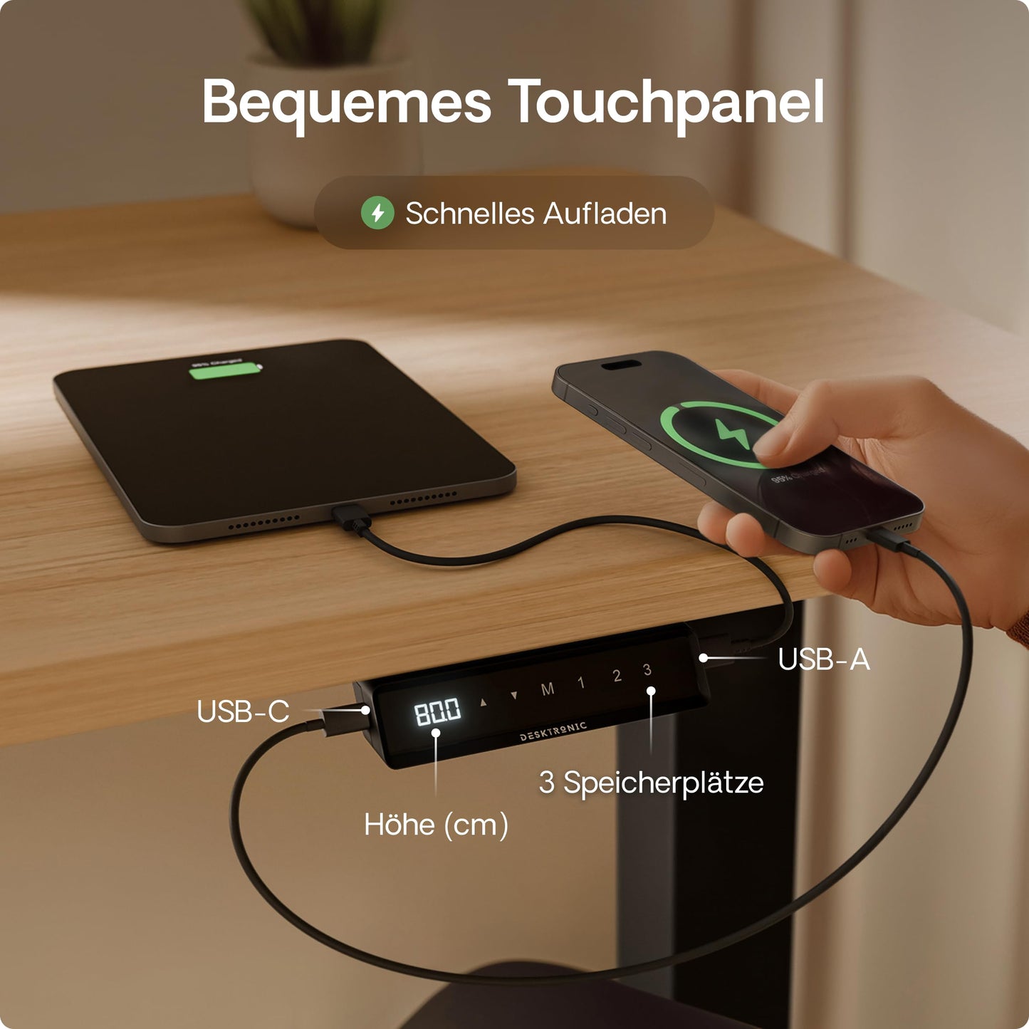 Desktronic Höhenverstellbarer Schreibtisch 160x80 cm - Stabiler Schreibtisch Höhenverstellbar Elektrisch - Standing Desk mit Touchscreen und Integrierten Ladesteckern