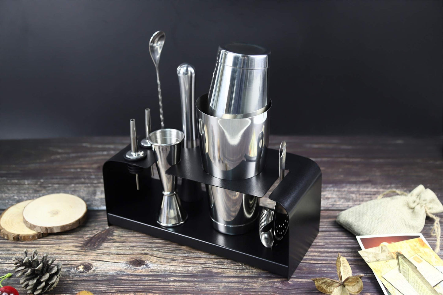 Sky Fish Cocktail Set, 8 teiliges Bar Zubehör Set mit Edelstahl Ständer, Perfektes Heim Bartending und Martini Cocktail Shaker Set.