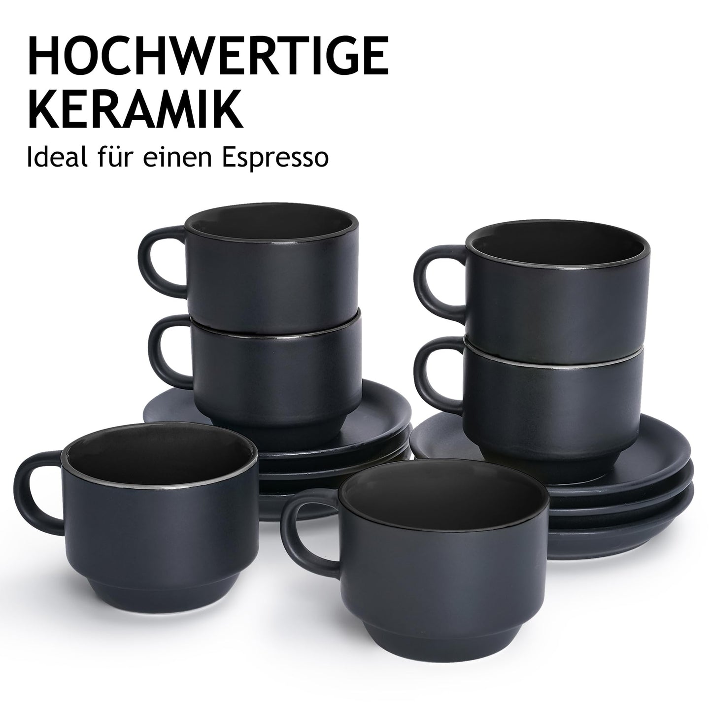 MIAMIO - 6 x 75 ml Espressotassen Set/Espresso Tassen Set mit Untertasse & Ständer - Kaffeetassen Set 6er Kaffeebecher Keramik - Le Papillon Kollektion (Schwarz)