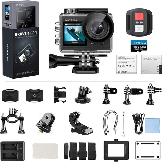 AKASO Brave 4 Pro Action Cam 4K30FPS 20MP mit 64GB U3 Speicherkarte 40M Unterwasserkamera Ultra HD Touchscreen 170 ° Weitwinkel, EIS Stabilisierung, 5X Zoom, 2.4G Fernbedienung und 2 Akkus 1350mAh