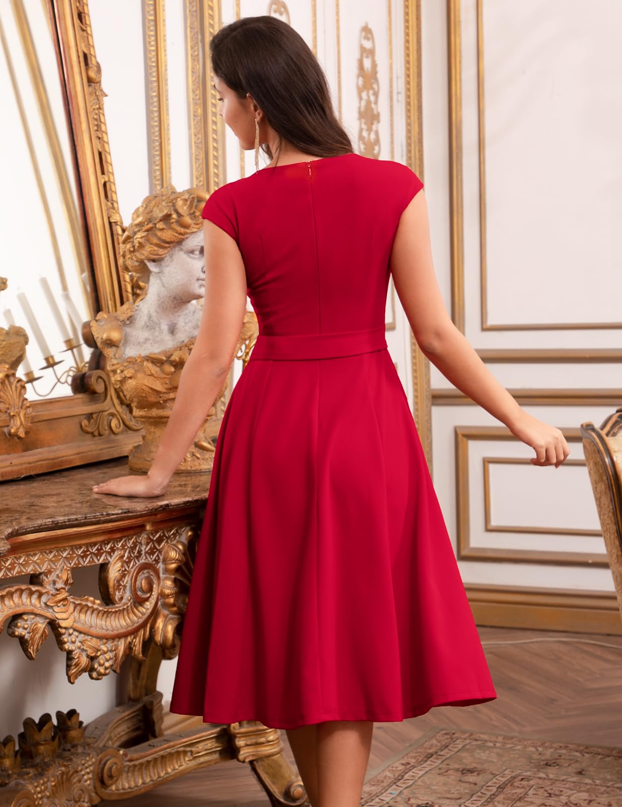 DRESSTELLS Damen Elegant Hochzeitkleid 1950er Vintgae Retro Cocktailkleid A-Line Swing Festlich Knielang Kleid Red 2XL