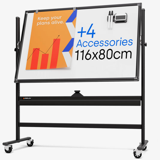 Rollendes magnetisches Whiteboard 60 x 120 cm - großes tragbares Whiteboard mit Ständer - doppelseitiges Whiteboard mit Rädern - mobiles Whiteboard für Büro, Klassenzimmer und Zuhause