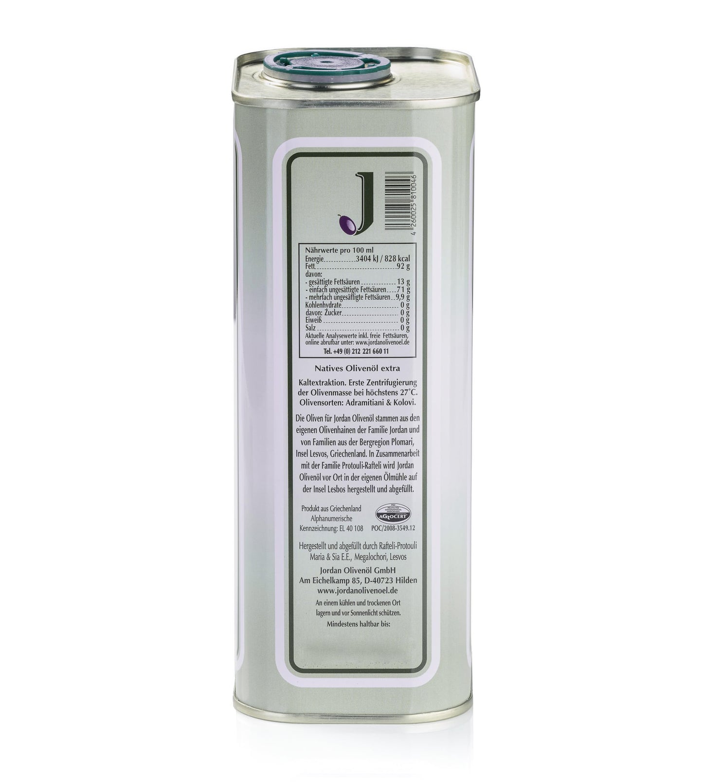 Jordan Olivenöl | Natives Olivenöl Extra [1 Liter - Kanister] - von der griechischen Insel Lesbos | traditionelle Handernte | Kaltextraktion am Tag der Ernte | Kanister im Retro-Design mit Ausgießer