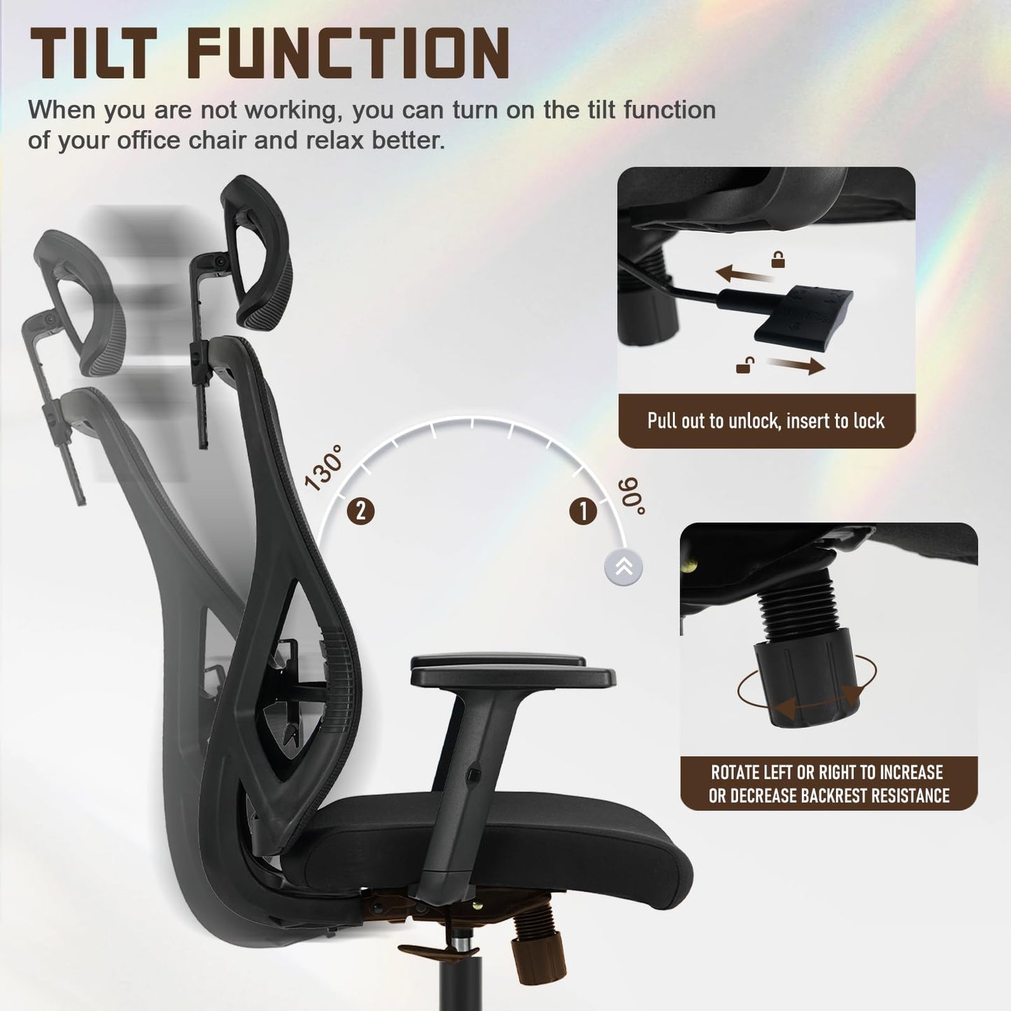 Durrafy Bürostuhl Ergonomisch, Bürostuhl, Schreibtischstuhl mit Verstellbarer Kopfstütze, Armlehnen, Lendenwirbelstütze Höhenverstellbar, 90°-130° Schaukeln, Chefsessel 150KG Belastbar, Schwarz