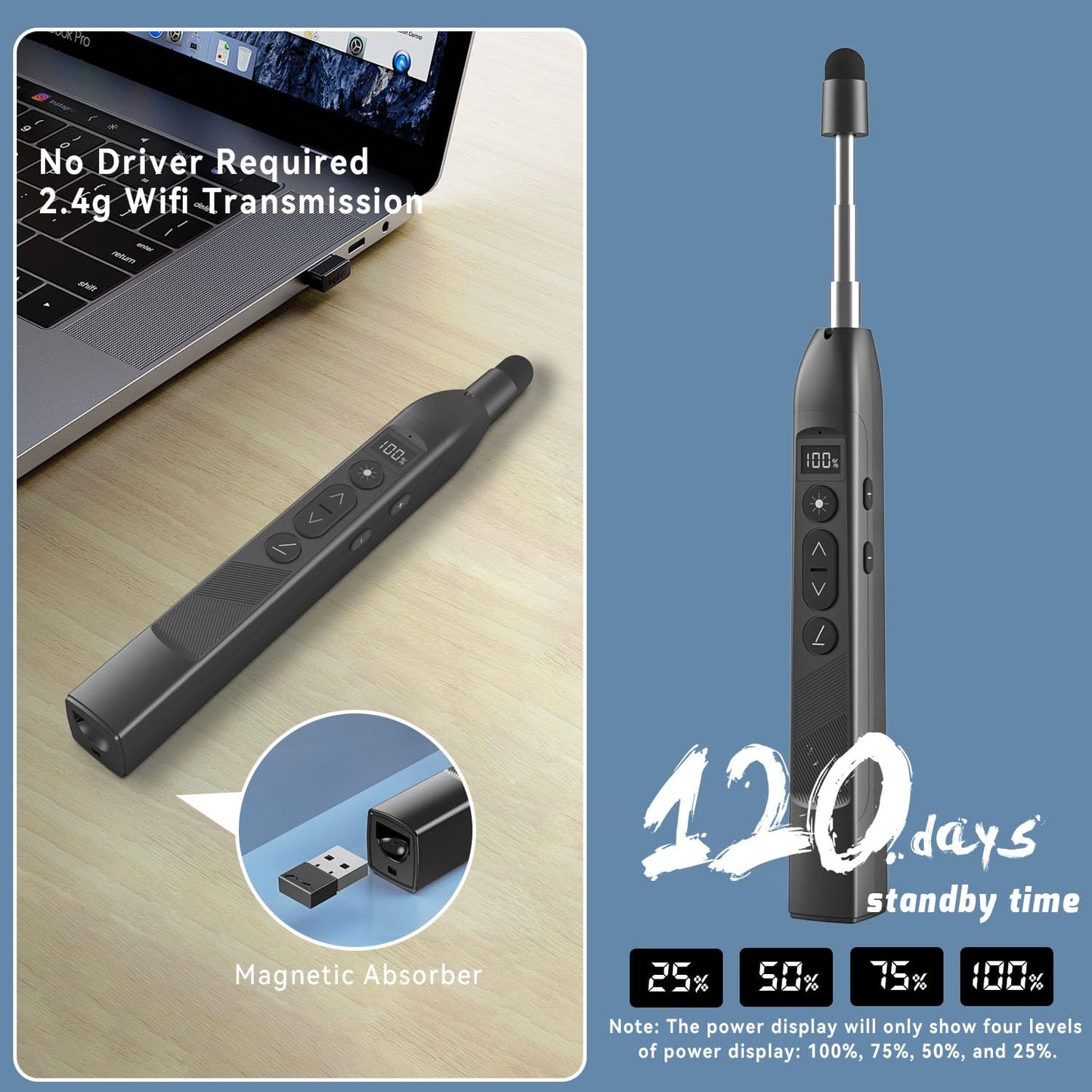 WEINIDASI Presenter mit Laserpointer Stark,Laser PPT Translator mit einziehbarem Zeigestock, Touchscreen-Schreiben, Wiederaufladbarer USB-C Presenter, 3 Stufen Rotlicht-Laserpointer. (S18)