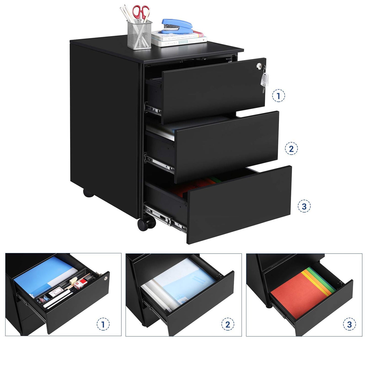 SONGMICS Rollcontainer, Metallschrank, mobiler Aktenschrank, Druckertisch, abschließbar, 3 Schubladen, Unterschrank, vormontiert, Büro, Homeoffice, 45,1 x 39 x 53,8 cm, tintenschwarz OFC63BK