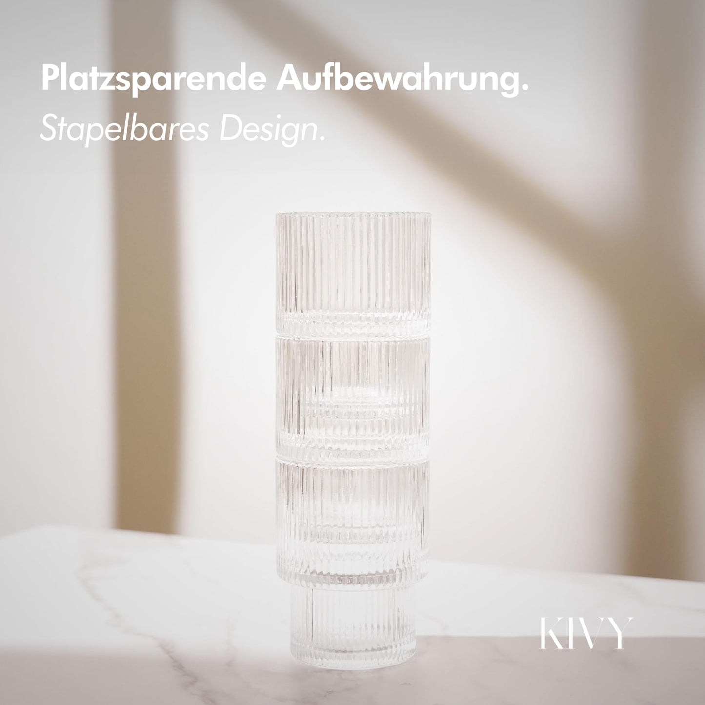 KIVY Geriffelte Wassergläser [4er Set] - Trinkgläser Set Wasserglas - Stapelbares Trinkglas Wasserglas Set - Wassergläser Modern Saftgläser - Ästhetische Gläser Water Glasses - Robust (4x190ml)