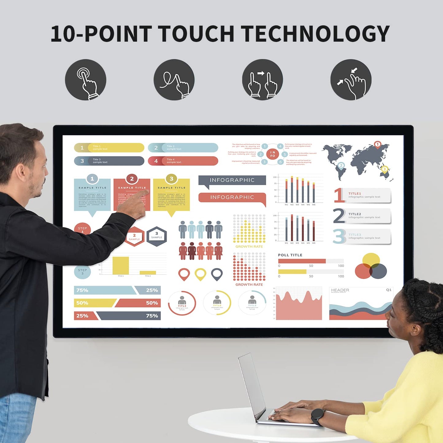 TouchWo 43 Zoll Interaktiver Touchscreen-Monitor, Smart Board mit Wandhalterung, Präsentations-Whiteboard All-in-One-Touchscreen-PC für Büro & Klassenzimmer, Core i7 8 GB RAM & 256 GB ROM