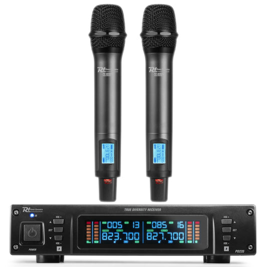 Power Dynamics PD220 UHF Mikrofon Set - 2 Drahtlose Funkmikrofone, UHF True-Diversity System Mikrofon Verstärker, Mikrofon Funk für Bühne & Events, Mikrofon-Set mit Verstärkeranschluss