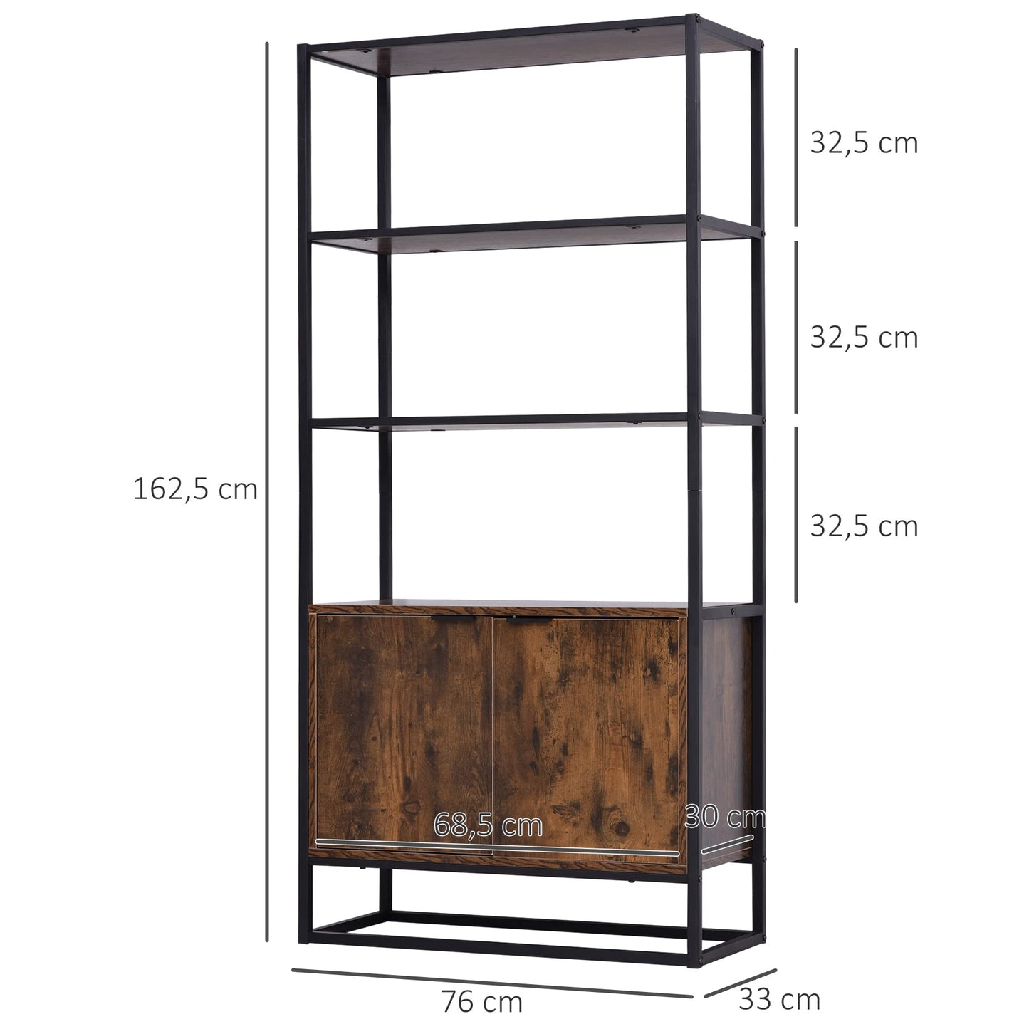 HOMCOM Industrielles Bücherregal mit Schrank, Braun, 76x33x162,5 cm