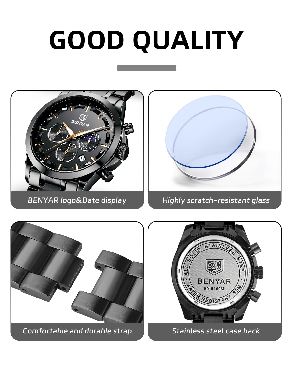 BENYAR Herren Uhr Chronograph Analog Quarz Stilvolle Edelstahlarmband Armbanduhr Wasserdicht Leuchtende Datum Herrenuhren Elegantes Business Uhren Geschenk für Männer