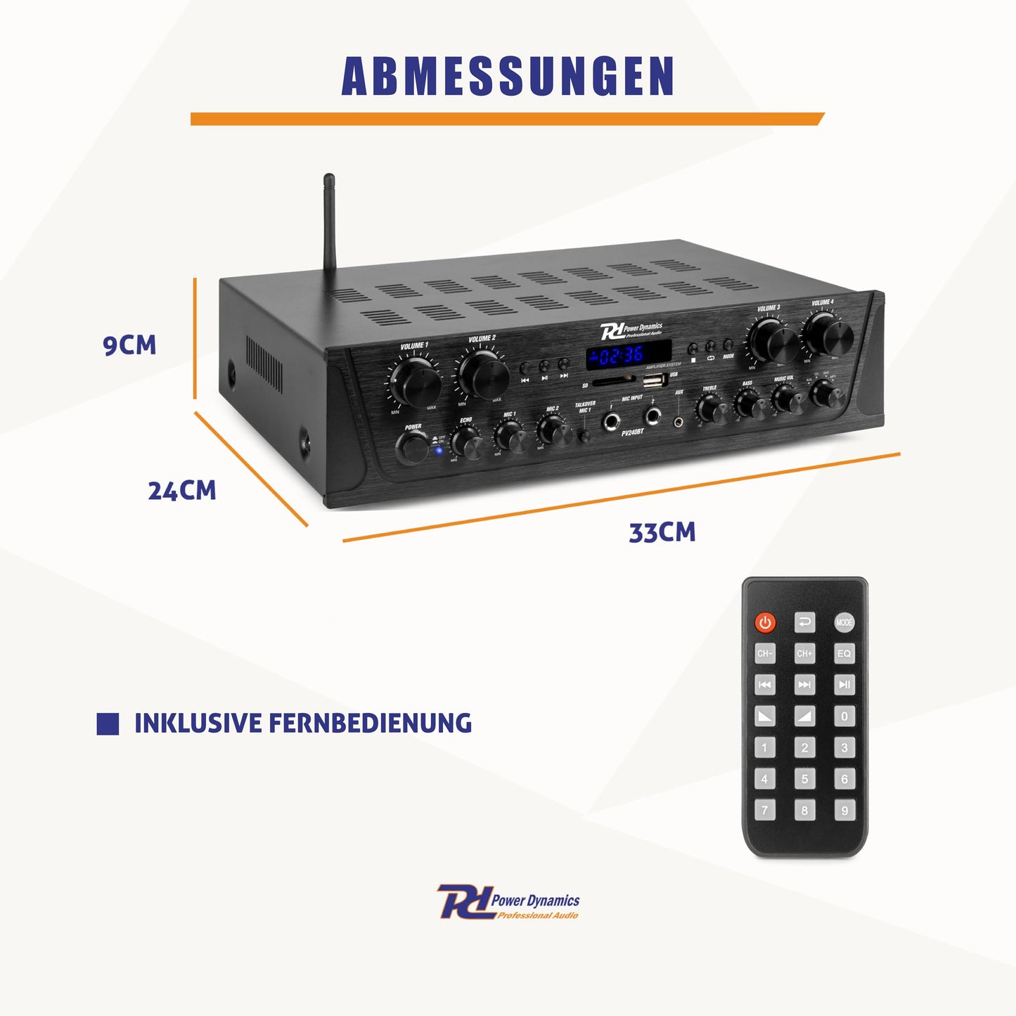 Power Dynamics PV240BT - 4 Kanal Stereo Verstärker Bluetooth, 400 Watt Amplifier Hifi Receiver, Fernbedienung, FM Radio, USB, SD, MP3, 2x Mikrofon Anschlüsse mit Echo, Talkover Funktion - Schwarz