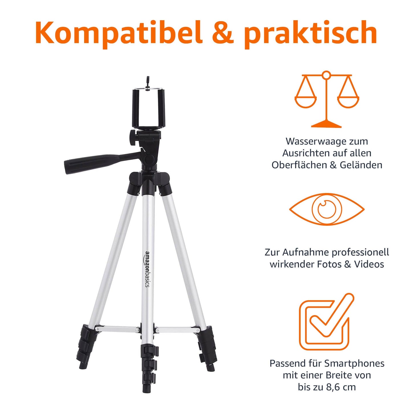 Amazon Basics 127 cm Aluminium Universal-Smartphone-Stativ mit Drei-Achsen-Drehung, Schwarz