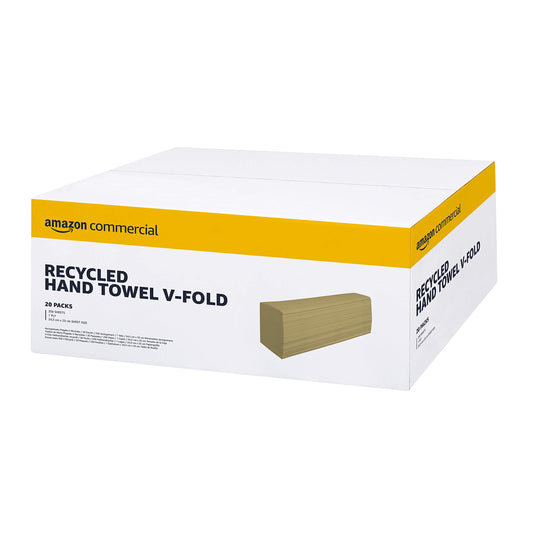 AmazonCommercial Singlefold (V-Falz) Papierhandtücher, 1-lagig Recycelt (Krepp), 5000 Blätter (250 Blätter, 20-er Pack), Blattgröße: 25 x 23 cm