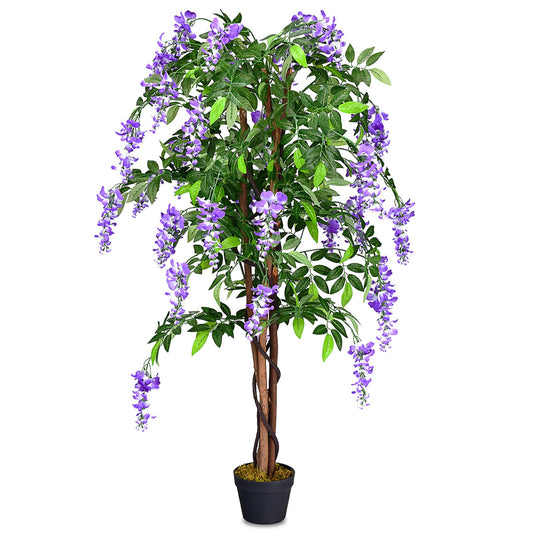 COSTWAY Kunstbaum mit Blüten, Kunstpflanze im Topf, Zimmerpflanze mit natürlichen Blättern & 3 Stämmen, Künstlicher Baum Kunstblume Lila, Dekopflanze künstlich, Zimmerpflanze Grünpflanze 150 cm