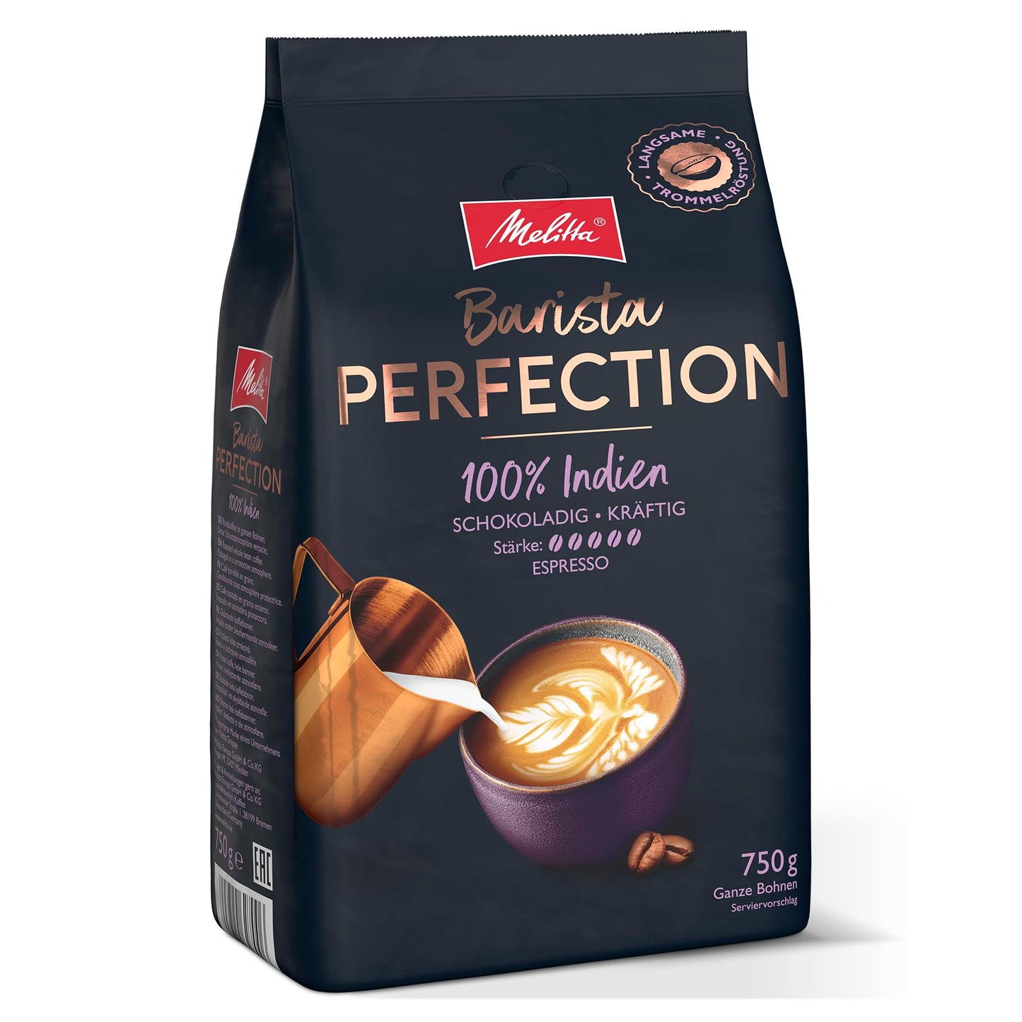 Melitta Barista Perfection 100% Indien, Ganze Kaffee-Bohnen 750g, ungemahlen, Single-Origin-Kaffee, Arabica-Robusta-Blend, langsame Trommelröstung, Espresso, Stärke 5
