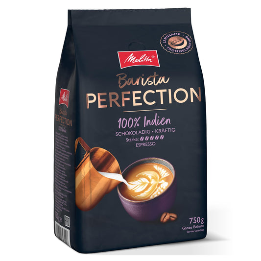 Melitta Barista Perfection 100% Indien, Ganze Kaffee-Bohnen 750g, ungemahlen, Single-Origin-Kaffee, Arabica-Robusta-Blend, langsame Trommelröstung, Espresso, Stärke 5