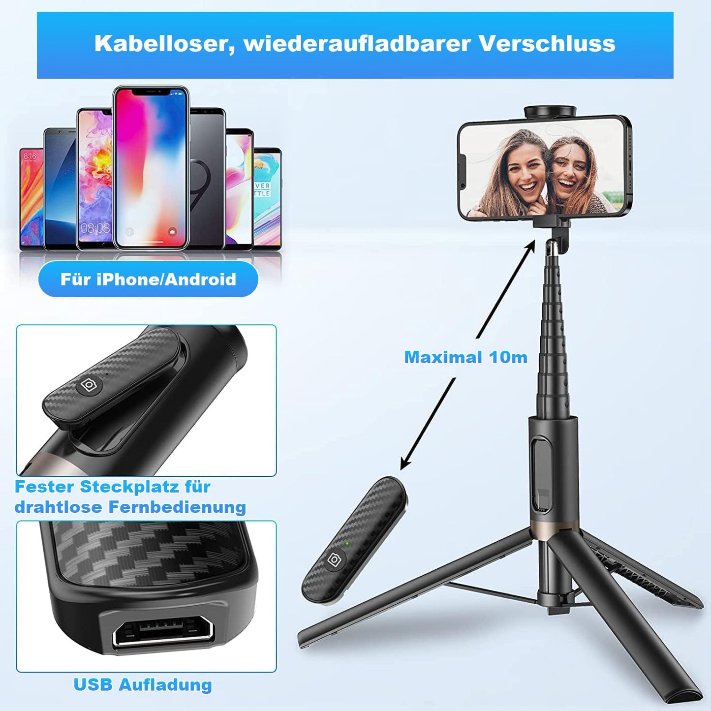 TONEOF 152CM Selfie Stick Stativ, Ausziehbar All-in-1 Handy Stativ aus Aluminium mit Kabelloser Fernbedienung und 9 Teleskopstange,Drehbar Handyhalter für iPhone/Android-Schwarz