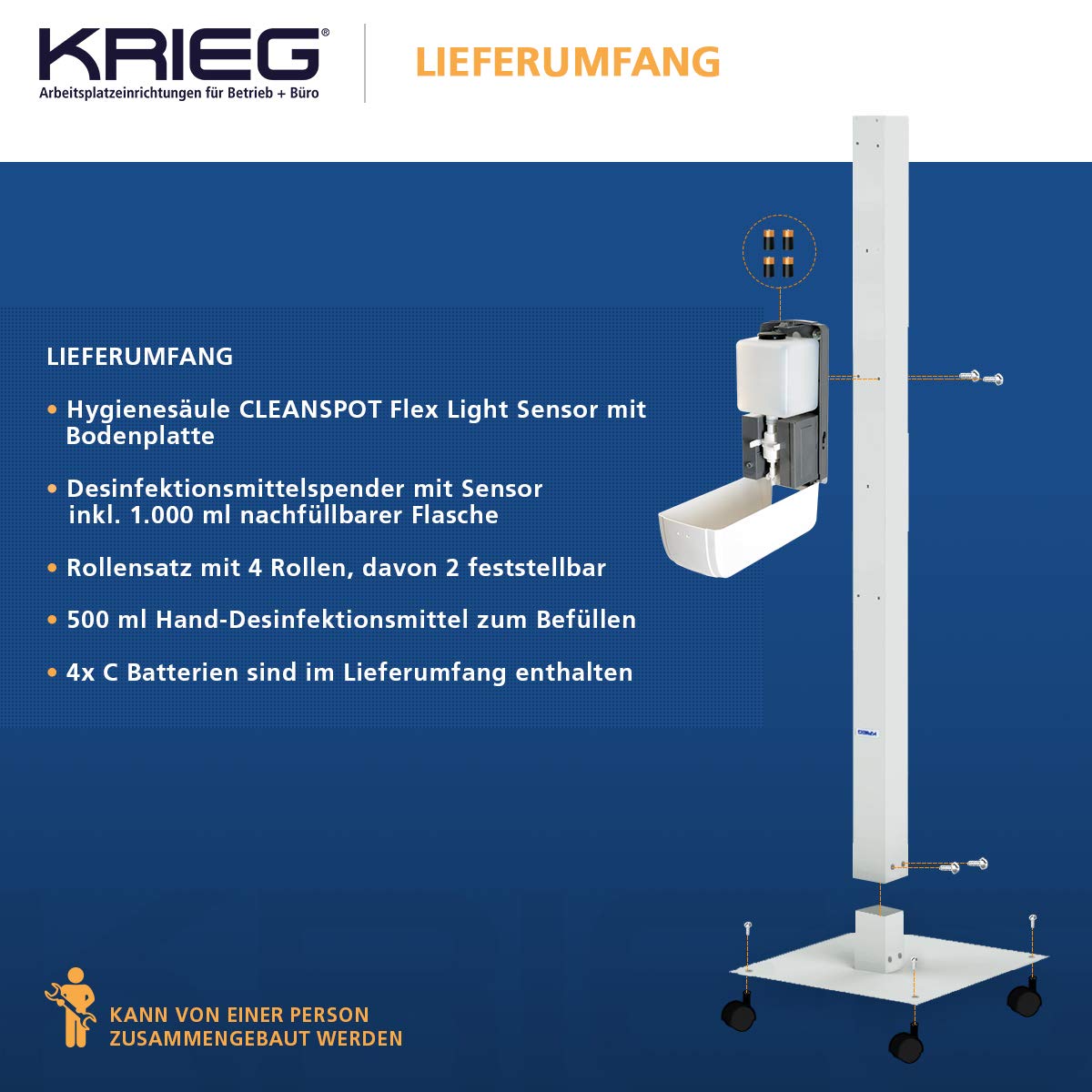 KRIEG Desinfektionssäule mit Sensor I Grau I Kontaktlos Hygienestation 1000 ml - 333 Sprühstöße I Desinfektionsstation freistehend, stabil, höhenverstellbar, automatisch I Hygienesäule Ready to go