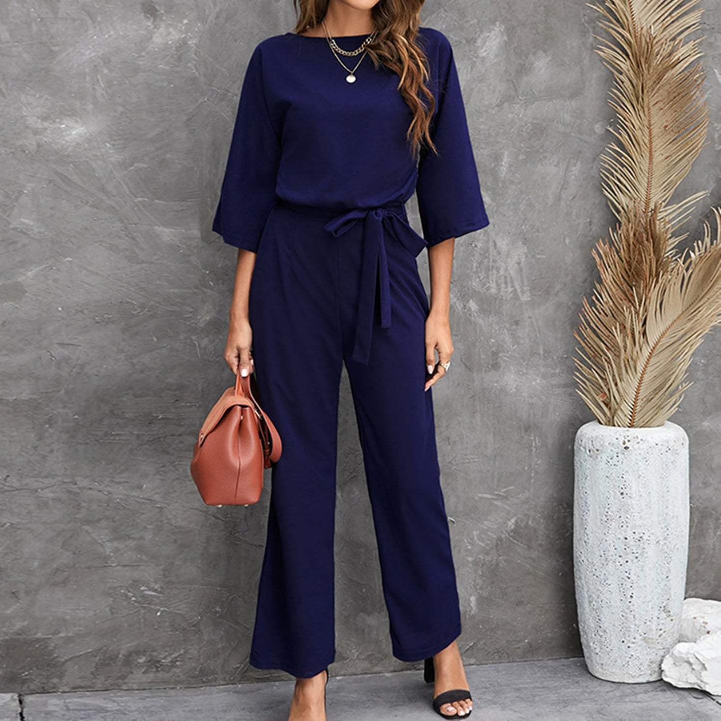Coloody Damen Lang Jumpsuit Overall Hosenanzug Elegant Romper Kurzarm Rundhals Playsuit mit Gürtel Hosenanzug Breite Weites Bein Overall