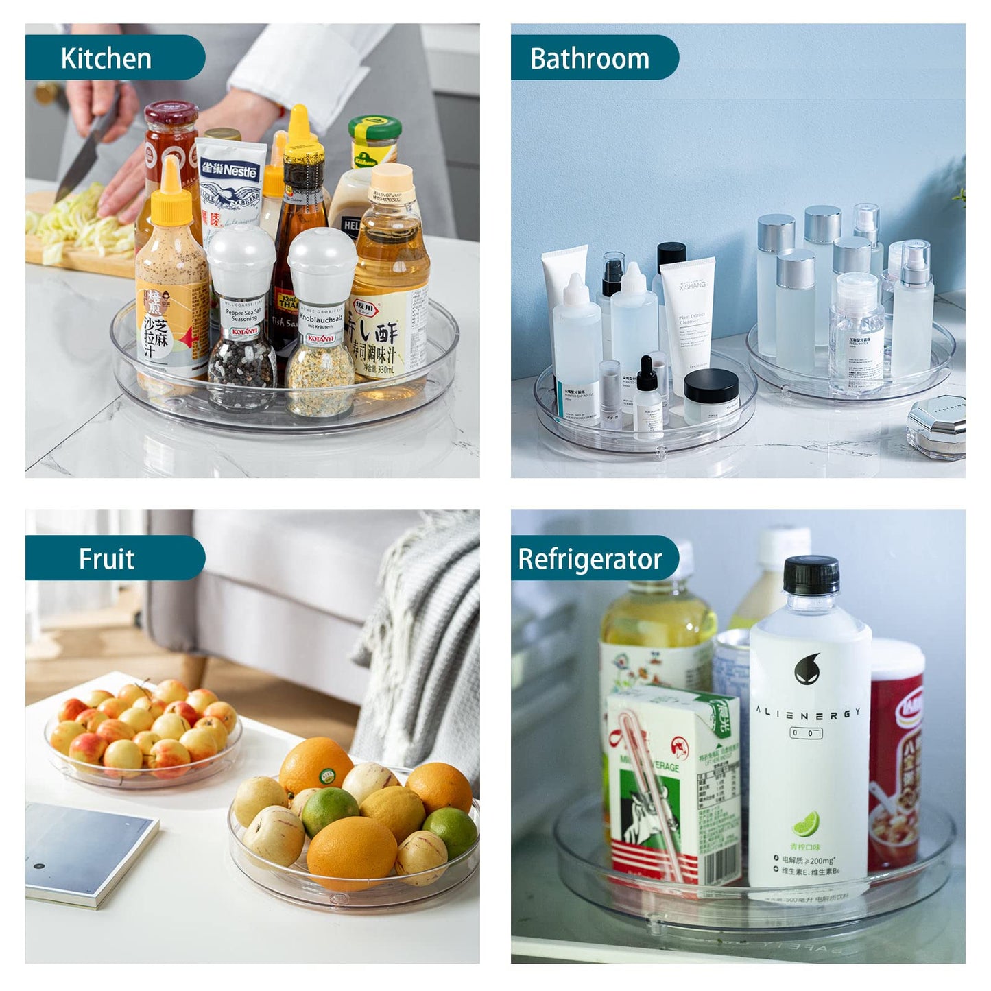 LUZOON Kühlschrank Organizer 2 Stück:27+23cm, Schrank Organizer Küchen Lazy Susan 360° Drehbarer Gewürzhalter – Transparent (Transparent, 2PCS：27cm+23.5cm)