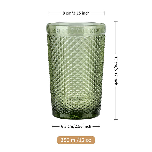 Joeyan 350ml Grün Trinkgläser Set von 4,Bunt Wassergläser Set mit Diamant Relief,Vintage Gläser Set for Zuhause Restaurant Bar,Spülmaschinenfest