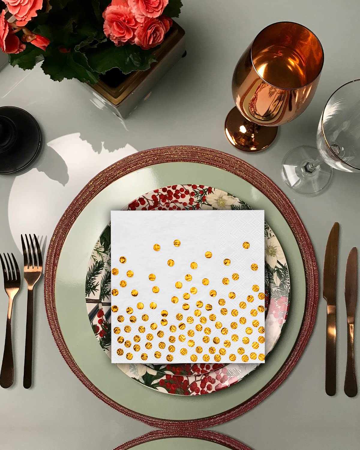 60 Stücke Servietten Gold Dots,3-lagig Golden Foiled Papierservietten Paper Napkins,Servietten weiß für Deko Party,Geburtstag, Hochzeit