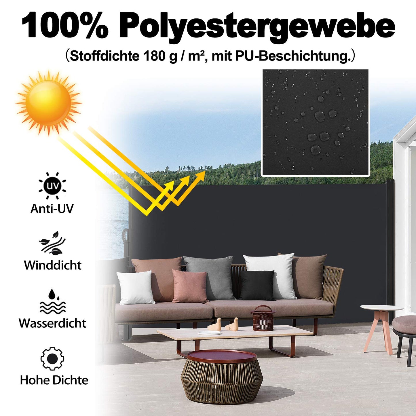 NAIZY Seitenmarkise 160x300cm Sichtschutz Balkon Ausziehbar Vertikalmarkise 100% Polyester & Alu Ständer Sichtschutzwand Blickdicht UV-Schutz Seitenrollo mit Griff für Balkon und Terrasse, Anthrazit