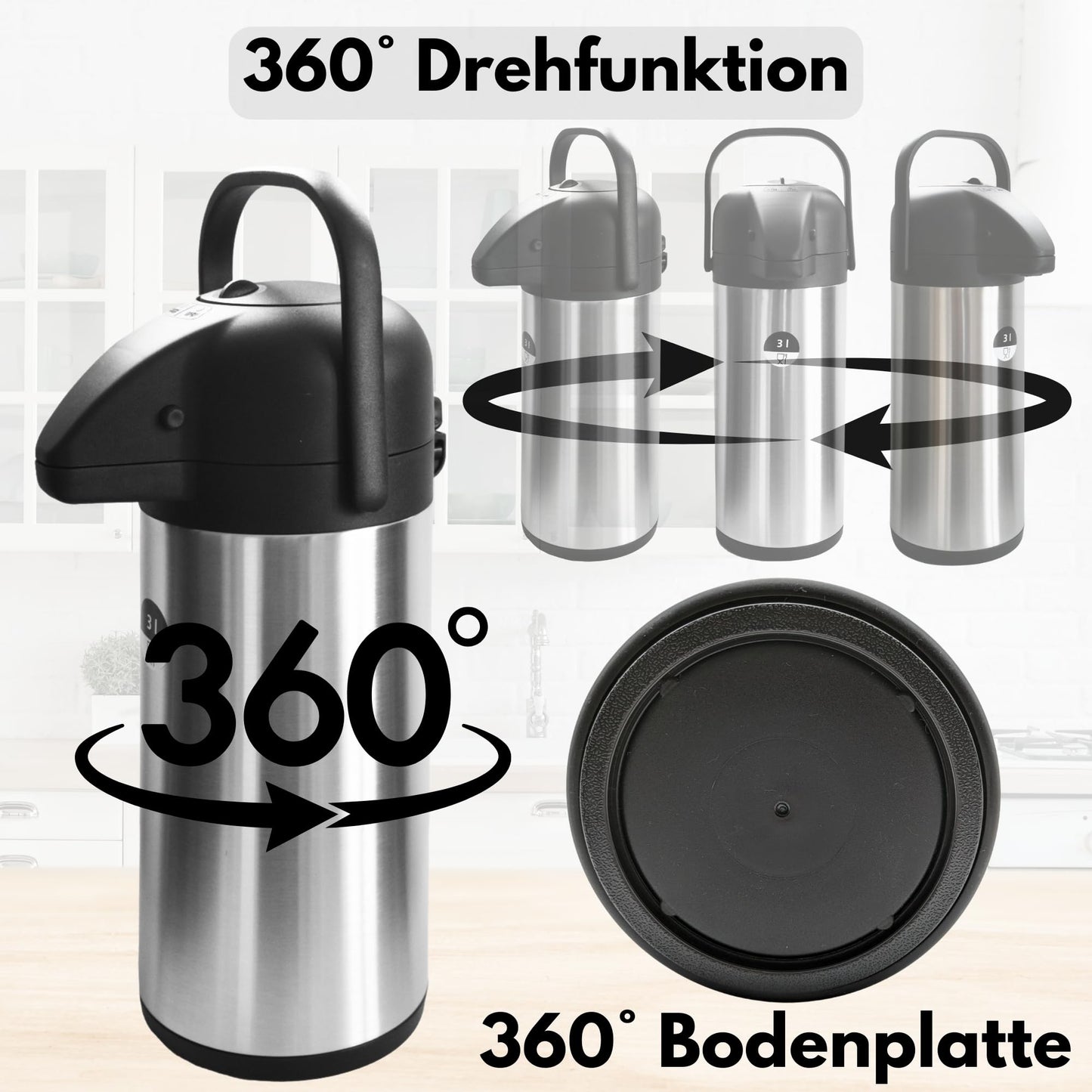 Airpot Pumpkanne 2,2l 3l oder 5l Isolierkanne Thermoskanne isolierte Kaffeekaraffe Kaffeekanne Gastro Kaffeespender auch für Camping aus Edelstahl & GRATIS-HLKauf-Block (3 Liter & 1x HLKauf-Block)