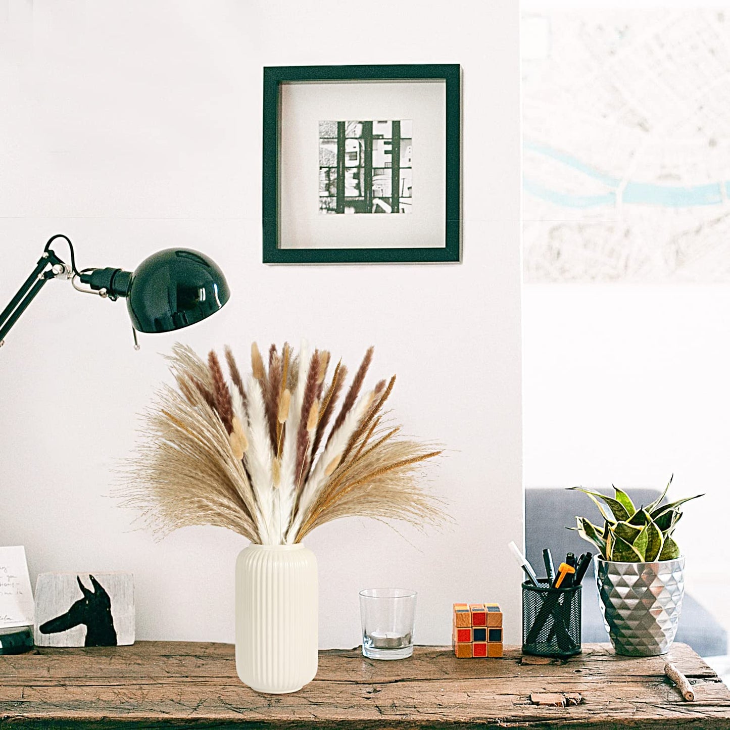 Pampasgras Trockenblumen Deko, 120 Stück Natürliche Braun Weiß Pampasgras Flauschige Wedel, Lagurus und Schilfblume Getrocknete Blumen für Boho Deko Wohnzimmer Schlafzimmer Gartenhaus Hochzeit