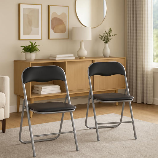 HAEST Klappstuhl 2er Set – Gepolstert, Kunstleder, bis 150 kg, Silber-Schwarz