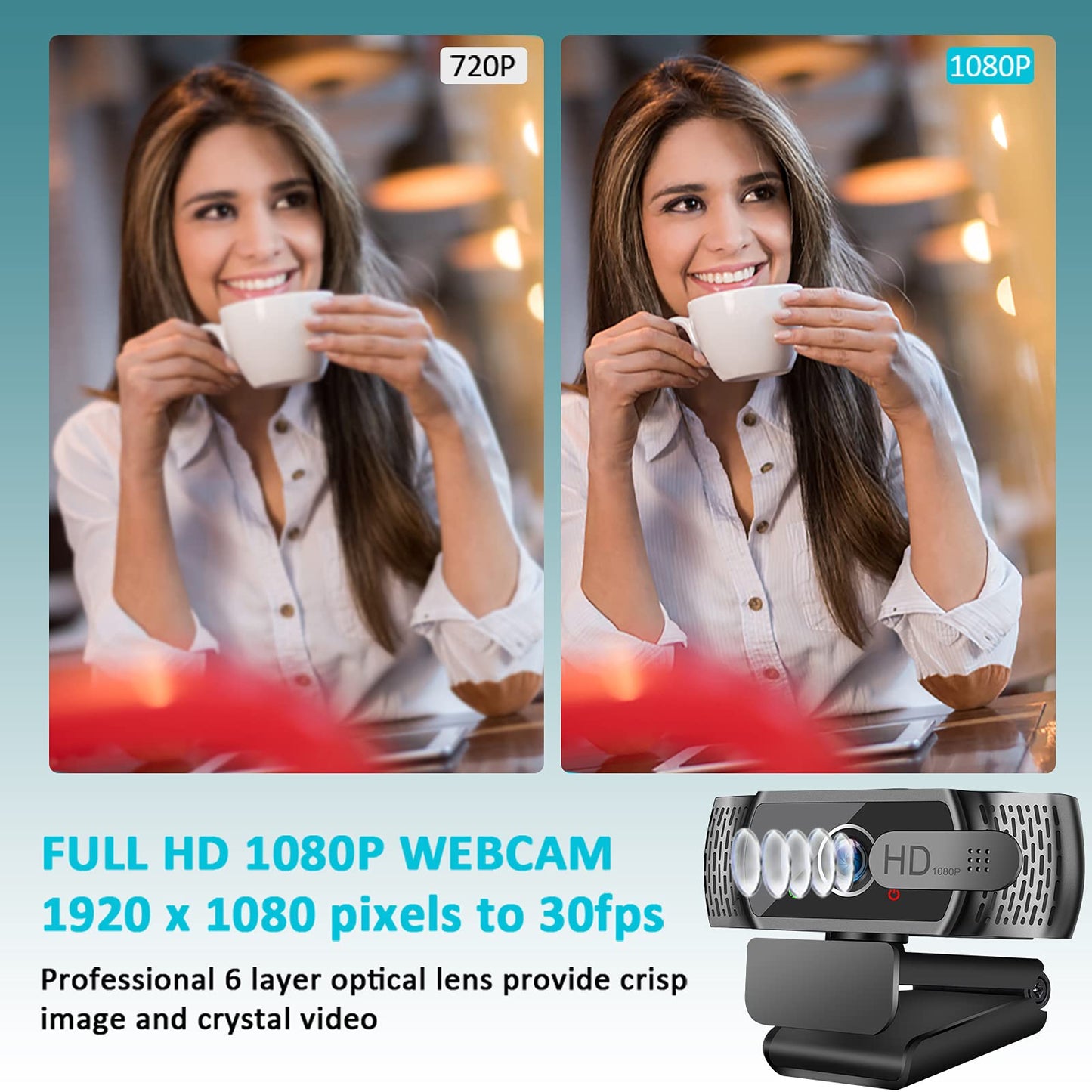 Full HD1080P Webcam mit Mikrofon, Automatischer Lichtkorrektur, Neefeaer USB mit Abdeckung Stativ,110° Weitwinkel, Kamera für PC, Laptop, Computer, Linux, Mac