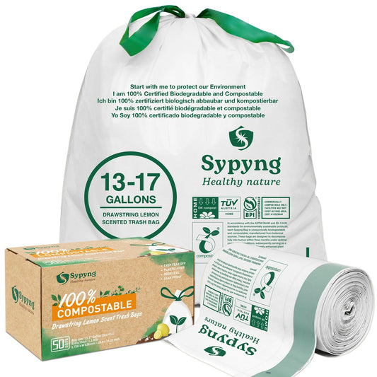 Müllbeutel kompostierbare, 100% Bioabfallbeutel mit Zitrone Duft mit Kordelzug, umweltfreundlich,50 Stück/Rolle, 50-65l (636 x 736 cm), extra dick:1,1 mm, Kompost Home zertifiziert EN13432