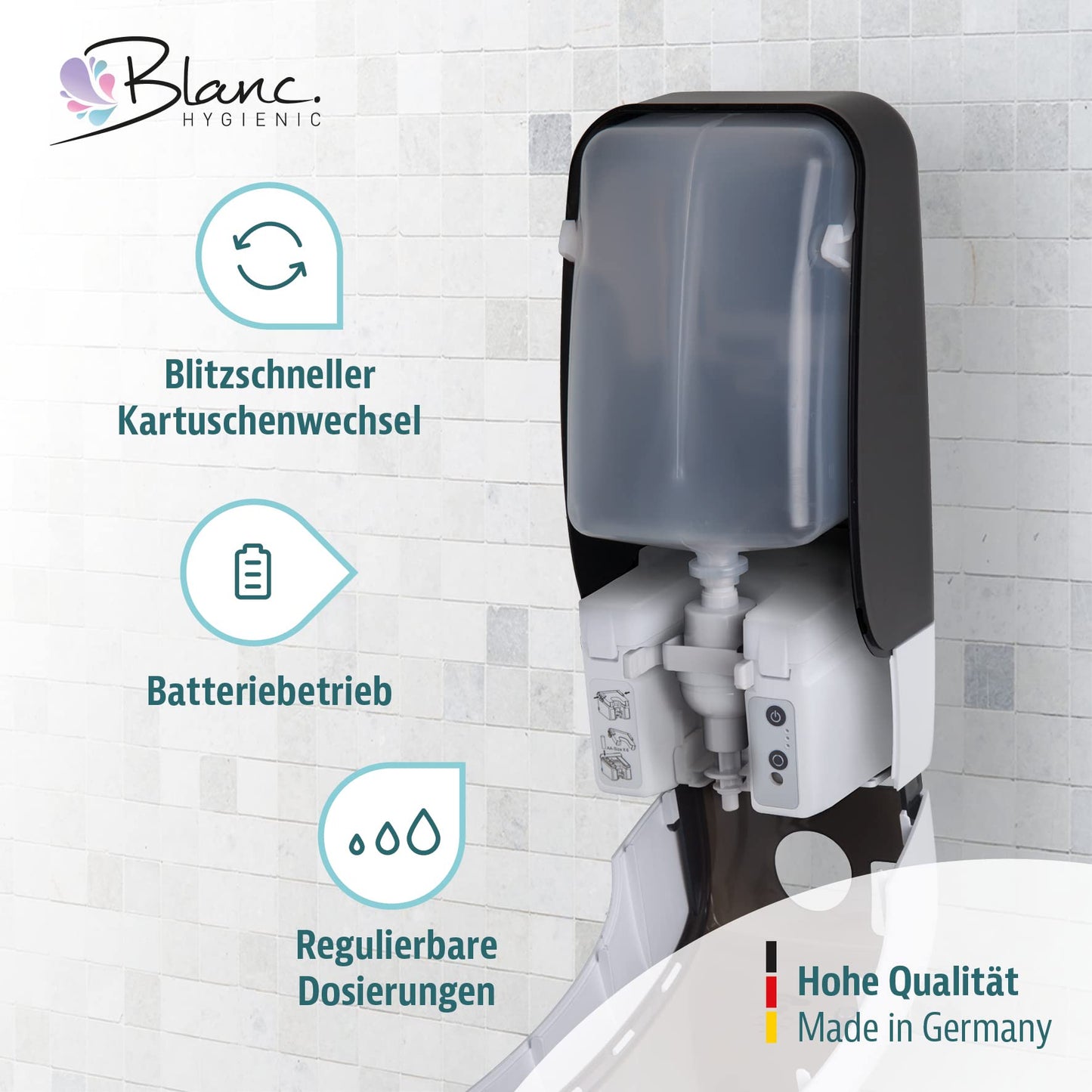 Blanc HYGIENIC Desinfektionsspender Cosmos – Spender mit Sensor und Standfuß, Spender stehend und 3X 1 Liter Desinfektionsmittel, Händedesinfektion für ca. 3.000 Anwendungen, Weiß und Schwarz