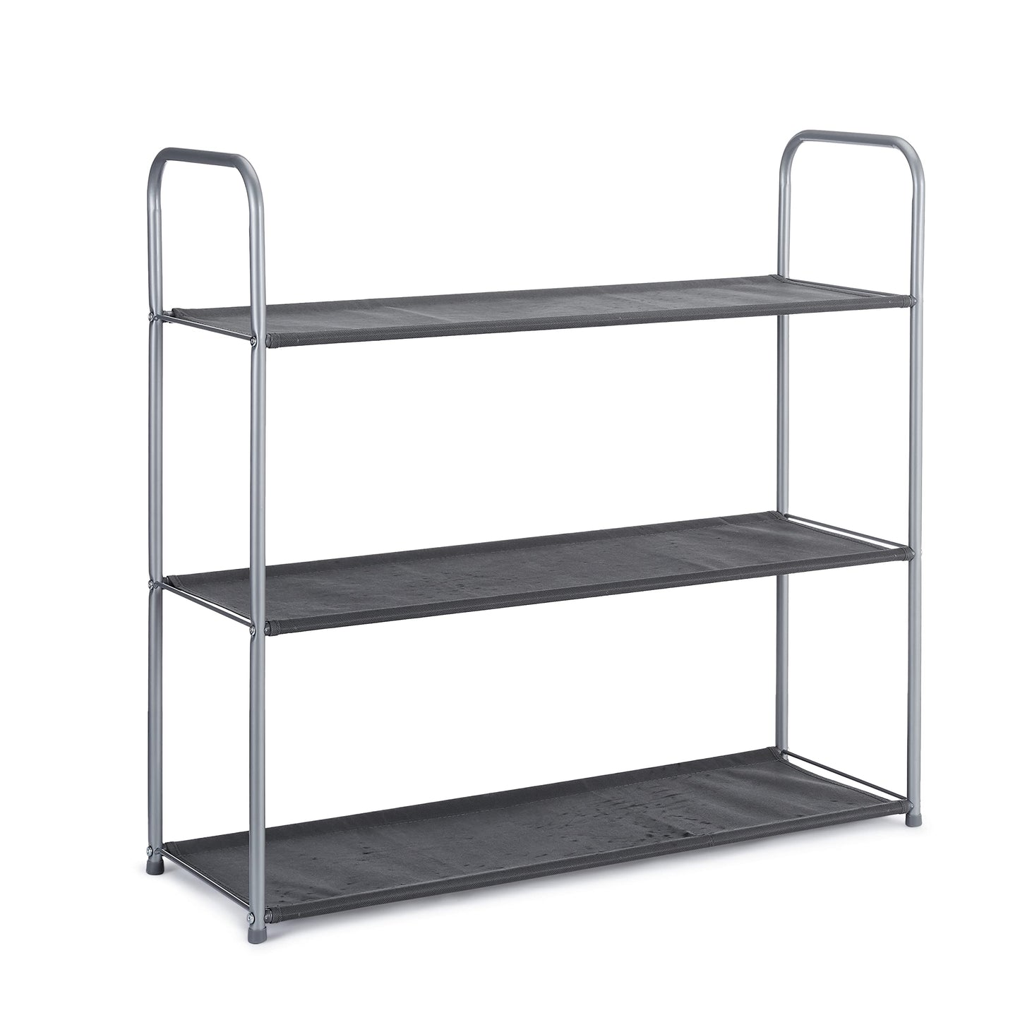 Amazon Basics Schrank-Organisationssystem mit DREI Regalböden aus Stoff und Zwei Zusammenschiebbaren Oben Offenen Behältern, 32.7" x 12.2" x 31", Grau