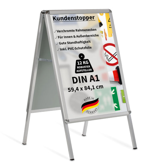 Kundenstopper Gehwegaufsteller Werbetafel | für zwei Plakate | Aluminium Plakatständer | inkl. PVC Schutzfolie (A1 B59,4,0 x H84,1 cm)