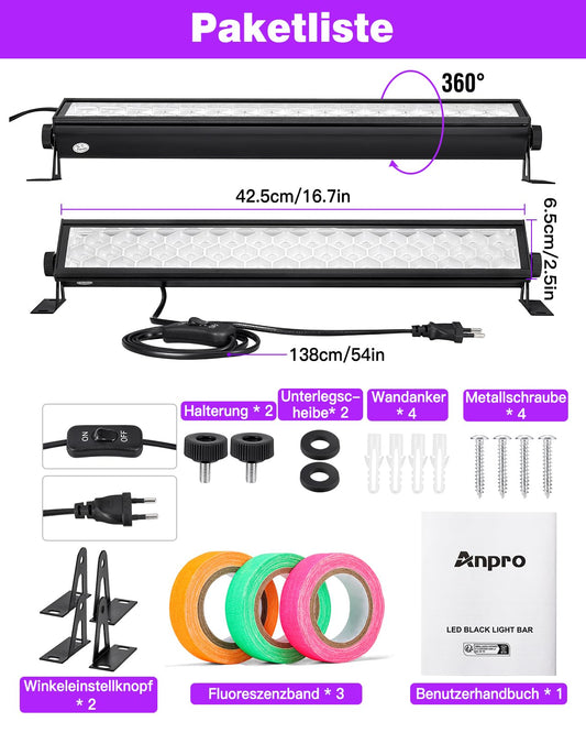 Anpro 72W Schwarzlichtleiste, 48 LED-Schwarzlicht mit fluoreszierenden Bändern, 360° verstellbares UV-Schwarzlicht mit 120° Abstrahlwinkel, 4,5 Fuß Netzkabel, 385–400 nm Wellenlänge, mit Schalter